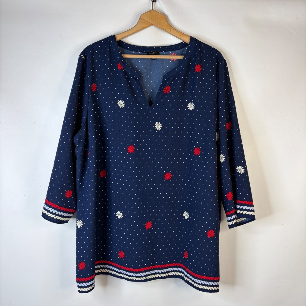 Talbots Tunic Top Women 3X Navy Blue Polka Dot Floral Nautical Split Neck